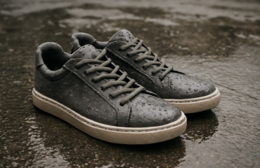 paire de baskets posée sur sol urbain humide