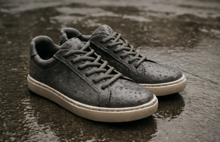 paire de baskets posée sur sol urbain humide