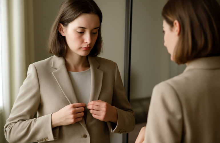 femme ajustant une veste devant miroir