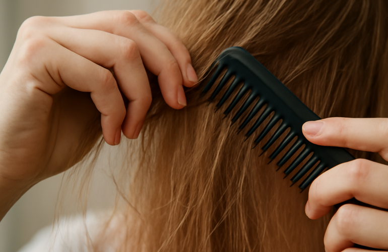 mains démêlant cheveux fins avec peigne