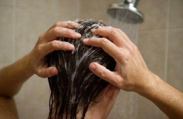 mains massant cuir chevelu sous la douche