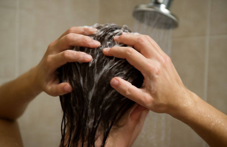 mains massant cuir chevelu sous la douche