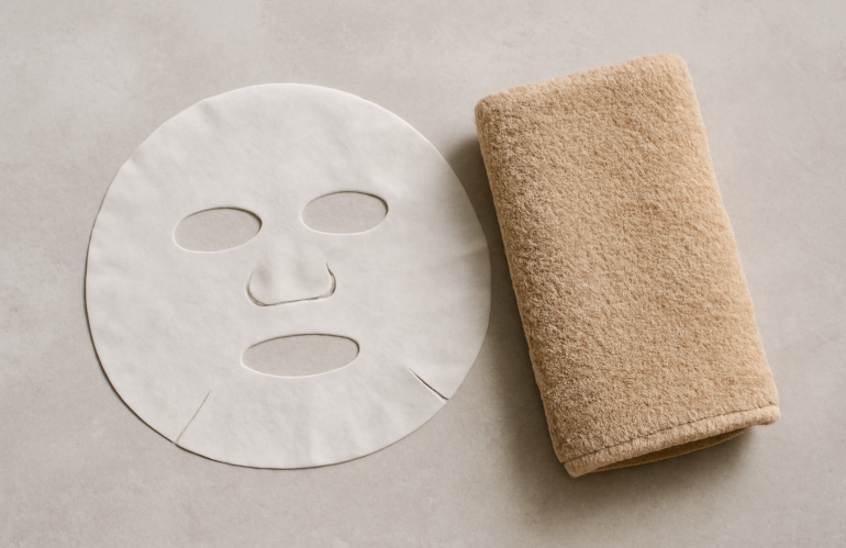 masque visage posé à côté d'une serviette