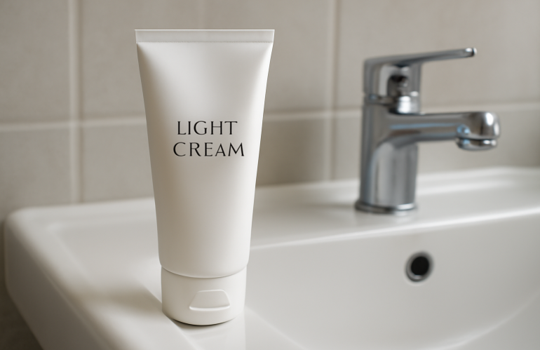 flacon de crème légère posé sur lavabo