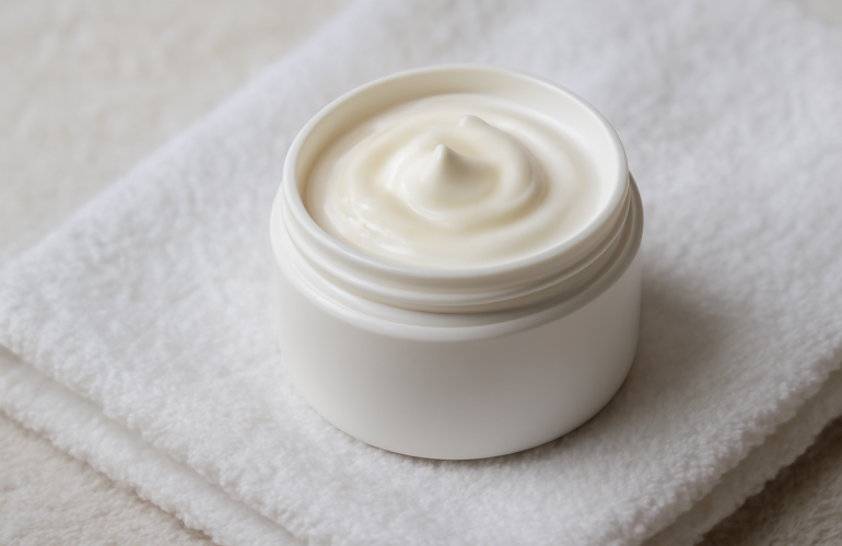 pot de crème posé sur serviette blanche
