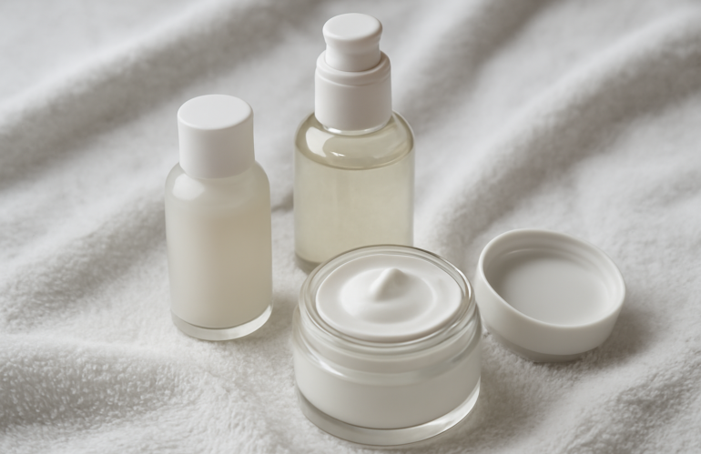 flacons et creme sur une serviette blanche