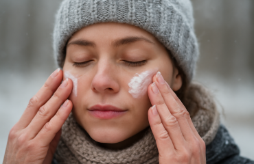 mains appliquant creme sur visage en hiver