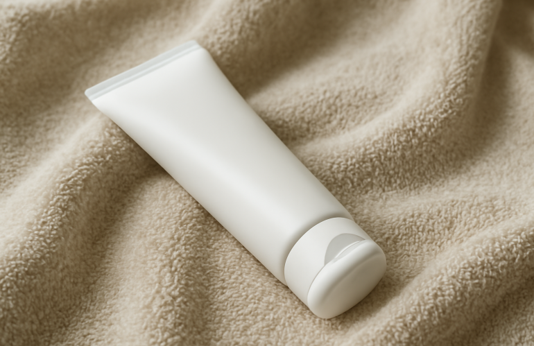 tube de crème posé sur serviette douce