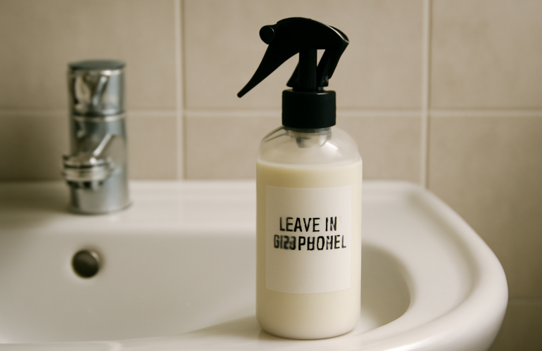 flacon de leave-in posé sur lavabo
