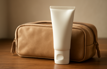 flacon de crème sur une trousse de voyage