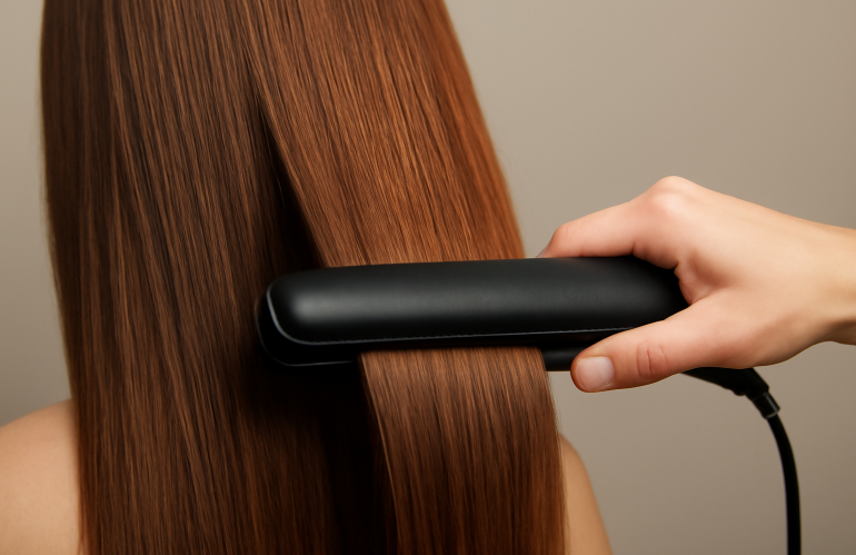 cheveux lisses déroulés près d'un fer chauffant