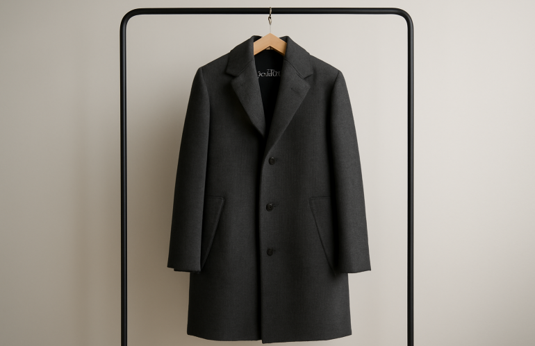 manteau structuré pendu sur un portant minimal