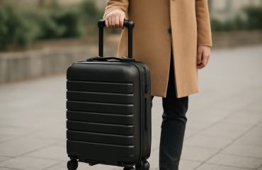 personne avec manteau tenant une valise cabine