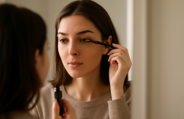 femme appliquant mascara devant un miroir