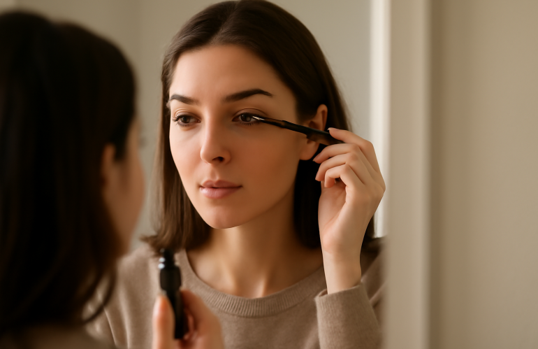 femme appliquant mascara devant un miroir