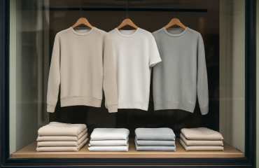 vitrine avec quelques basiques pliés et suspendus