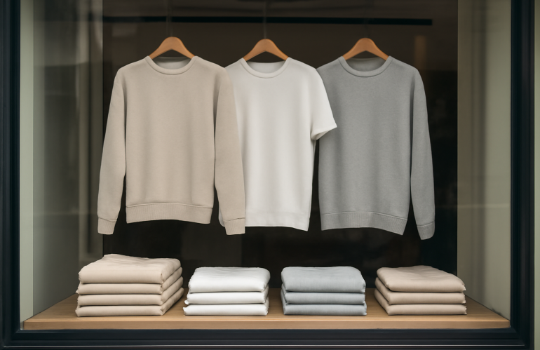 vitrine avec quelques basiques pliés et suspendus
