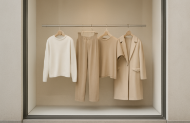 vitrine minimaliste avec vetements neutres suspendus