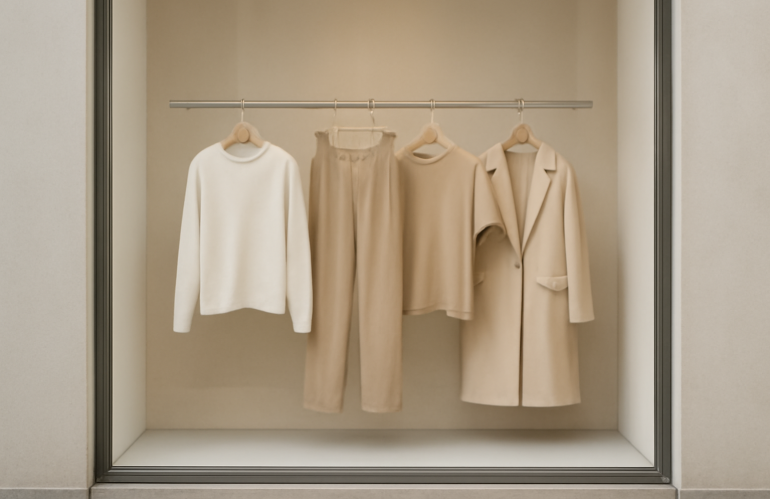 vitrine minimaliste avec vetements neutres suspendus