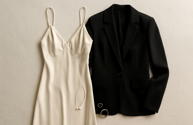 robe posée à côté d'une veste et bijoux