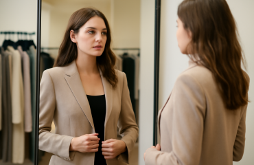 femme essayant un blazer devant un miroir