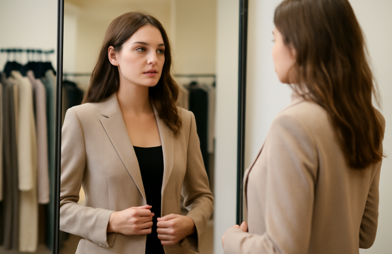 femme essayant un blazer devant un miroir