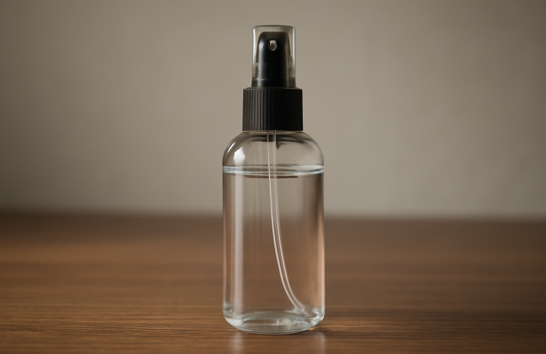flacon de spray fixant posé sur table