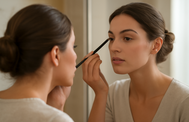 femme ajustant son maquillage devant miroir