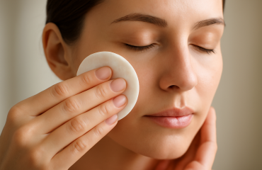 mains tamponnant visage avec coton apaisant