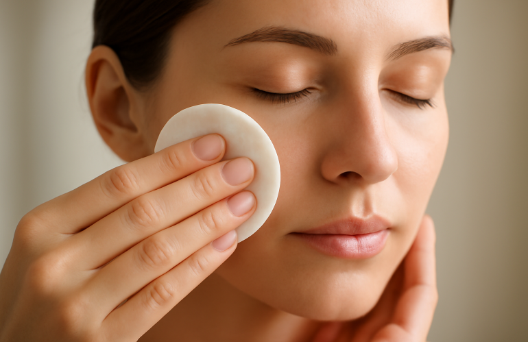 mains tamponnant visage avec coton apaisant