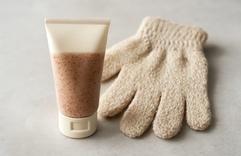 tube d'exfoliant posé près d'un gant