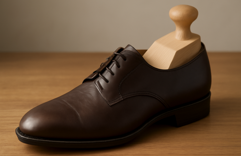 embauchoir en bois inséré dans une chaussure