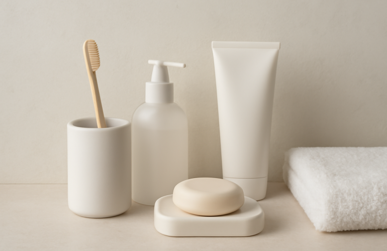 produits minimalistes disposés sur table salle de bain