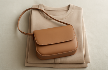 sac minimal posé sur une tenue monochrome pliée