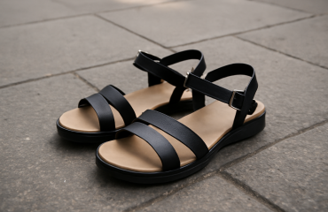 paire de sandales posée sur trottoir urbain