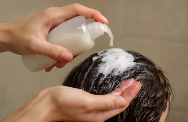 mains versant shampooing sur cheveux mouillés