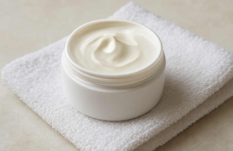 pot de crème posé sur serviette blanche
