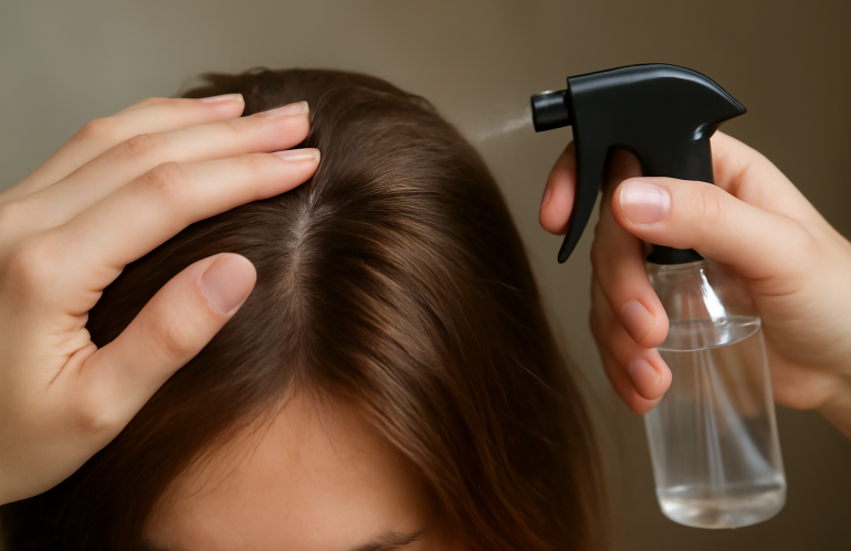 mains coiffant cheveux avec doigts et spray