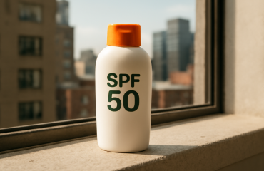 flacon SPF posé sur un rebord de fenêtre urbain
