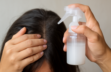 mains appliquant un spray sur les racines
