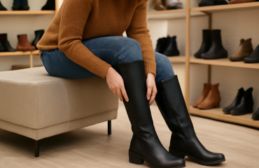 cliente essayant des bottes en magasin