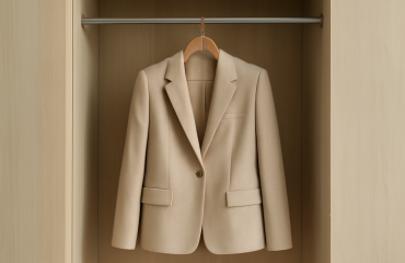 veste structurée pendue dans un dressing minimal