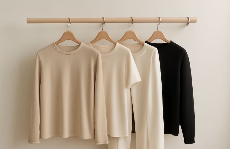 vetements minimalistes suspendus sur tringle en bois
