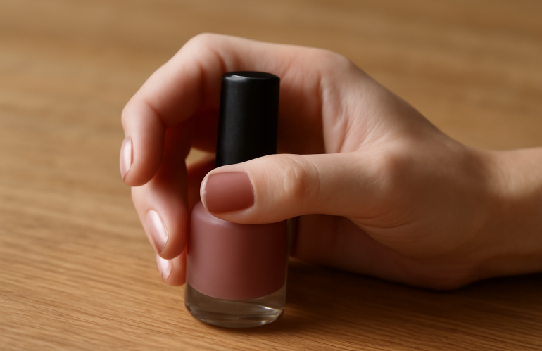 main tenant un vernis sur une table