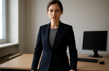 femme portant une veste sobre près d'un bureau