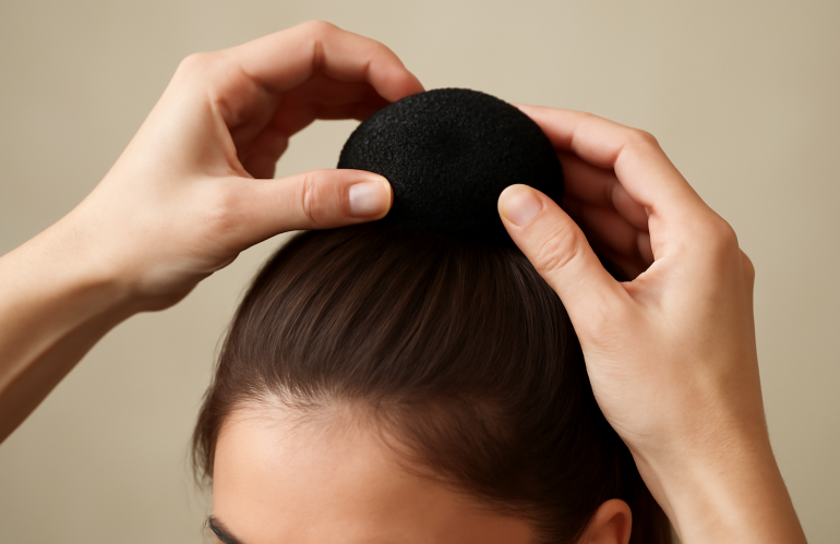 mains plaçant un accessoire volumisant sur cheveux