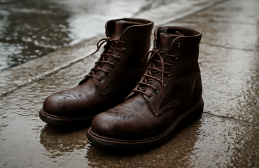 bottes posees sur trottoir mouille