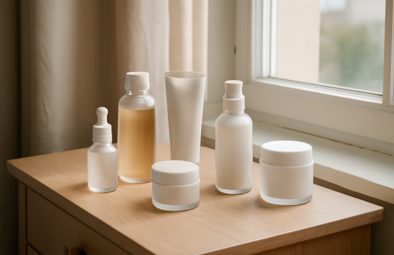 produits de soin posés sur commode près fenêtre