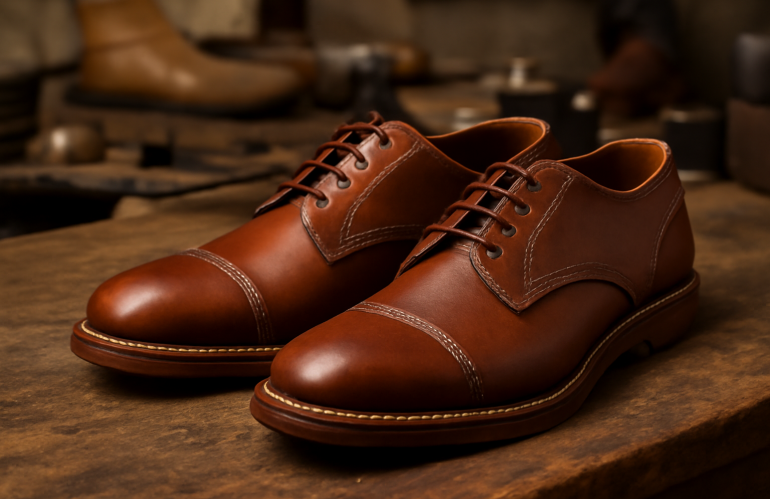 paire de chaussures artisanales posées sur établi