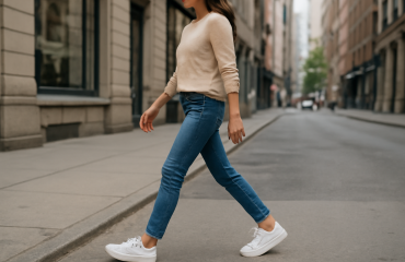 femme marchant en baskets blanches en ville